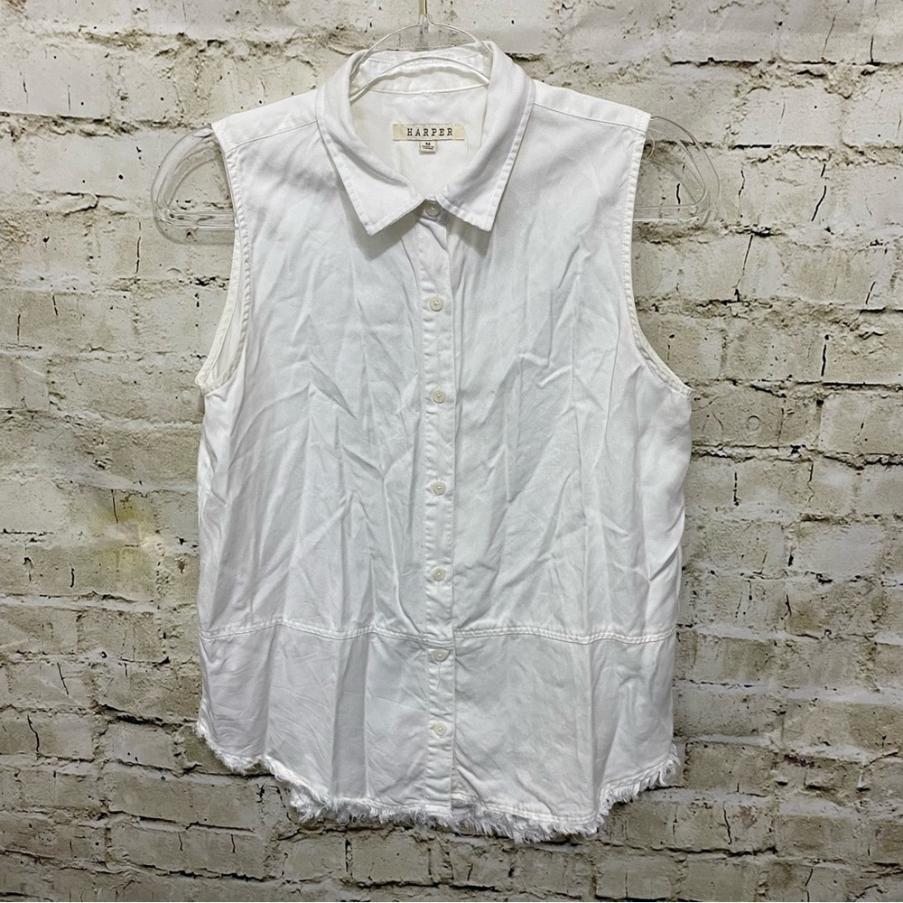 Harper White Lyocell Fringe Sleeveless Button Up Top